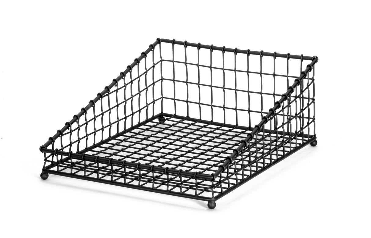A black powder coated metal basket, this desk tray from the TableCraft GM1519 Grand Master Collection features an open front, raised back, and grid pattern for stylishly organizing papers, with slanted sides for easy access.