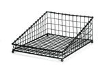 A black powder coated metal basket, this desk tray from the TableCraft GM1519 Grand Master Collection features an open front, raised back, and grid pattern for stylishly organizing papers, with slanted sides for easy access.