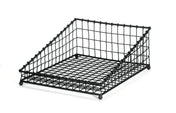 A black powder coated metal basket, this desk tray from the TableCraft GM1519 Grand Master Collection features an open front, raised back, and grid pattern for stylishly organizing papers, with slanted sides for easy access.