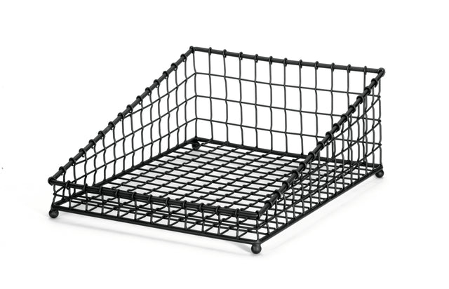 A black powder coated metal basket, this desk tray from the TableCraft GM1519 Grand Master Collection features an open front, raised back, and grid pattern for stylishly organizing papers, with slanted sides for easy access.