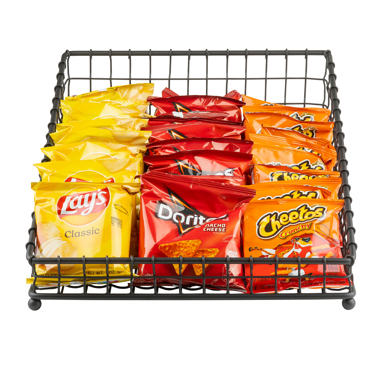 A TableCraft Products Grand Master Collection Basket, crafted from black powder coated metal, holds neatly arranged rows of Lay’s Classic chips, Doritos Nacho Cheese, and Cheetos Crunchy snack bags.
