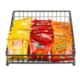 A TableCraft Products Grand Master Collection Basket, crafted from black powder coated metal, holds neatly arranged rows of Lay’s Classic chips, Doritos Nacho Cheese, and Cheetos Crunchy snack bags.