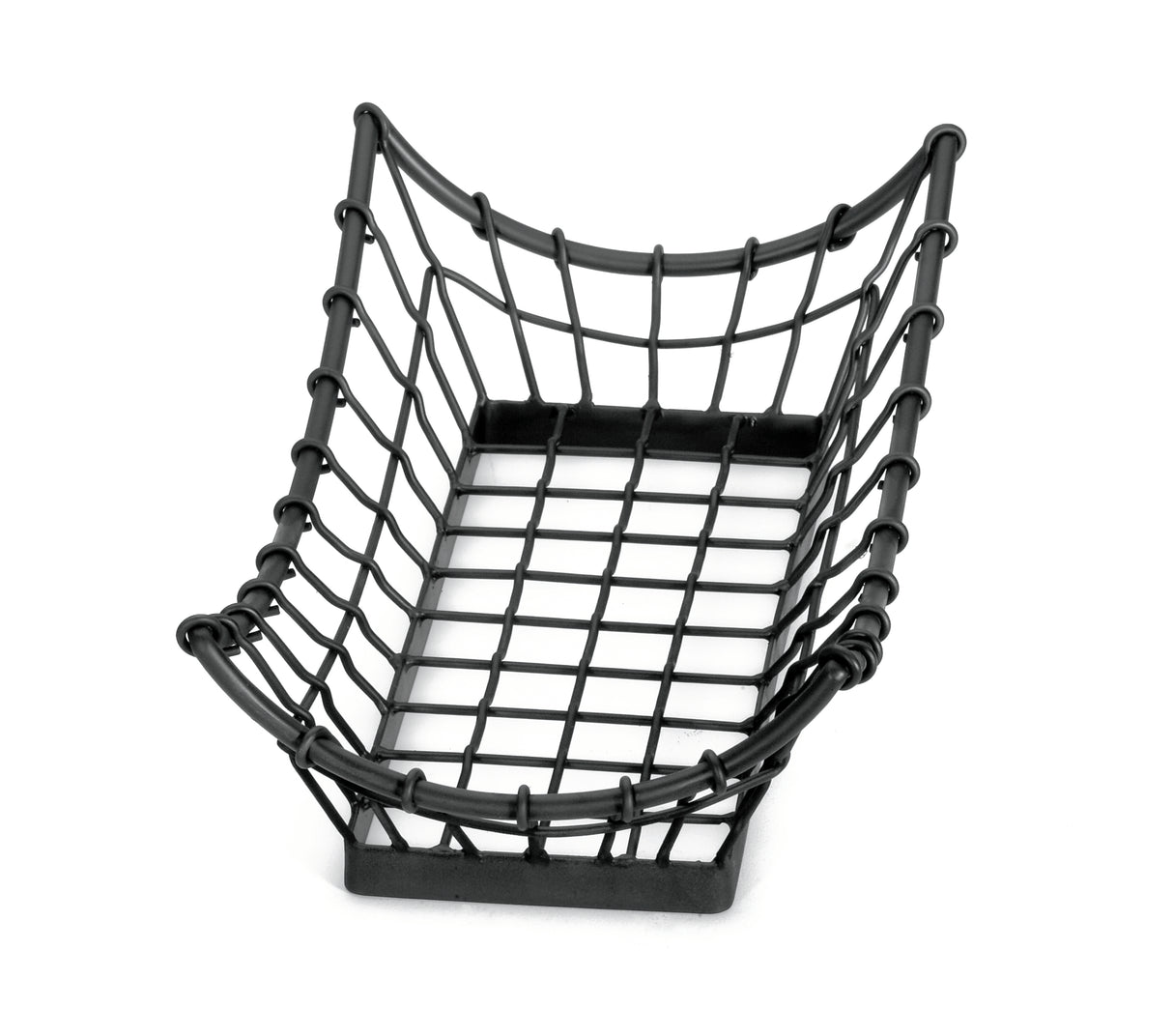A rectangular black metal basket with a sturdy, grid-like design and curved open sides. This TableCraft GM1608 from the Grand Master Collection is empty and photographed on a white background, showcasing its elegant wire mesh construction.
