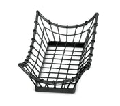 A rectangular black metal basket with a sturdy, grid-like design and curved open sides. This TableCraft GM1608 from the Grand Master Collection is empty and photographed on a white background, showcasing its elegant wire mesh construction.