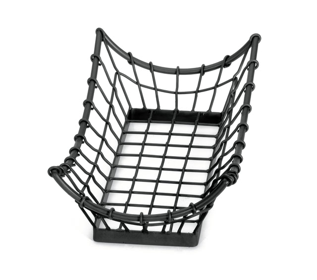 A rectangular black metal basket with a sturdy, grid-like design and curved open sides. This TableCraft GM1608 from the Grand Master Collection is empty and photographed on a white background, showcasing its elegant wire mesh construction.