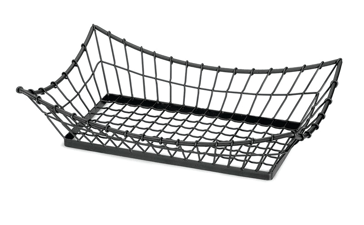 A steel rectangular basket with a grid-like pattern and slightly curved sides. This powder coated black basket is open at the top, ideal for holding or displaying items, and sits elegantly on a white background.