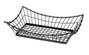 A steel rectangular basket with a grid-like pattern and slightly curved sides. This powder coated black basket is open at the top, ideal for holding or displaying items, and sits elegantly on a white background.
