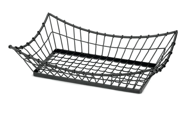 A steel rectangular basket with a grid-like pattern and slightly curved sides. This powder coated black basket is open at the top, ideal for holding or displaying items, and sits elegantly on a white background.