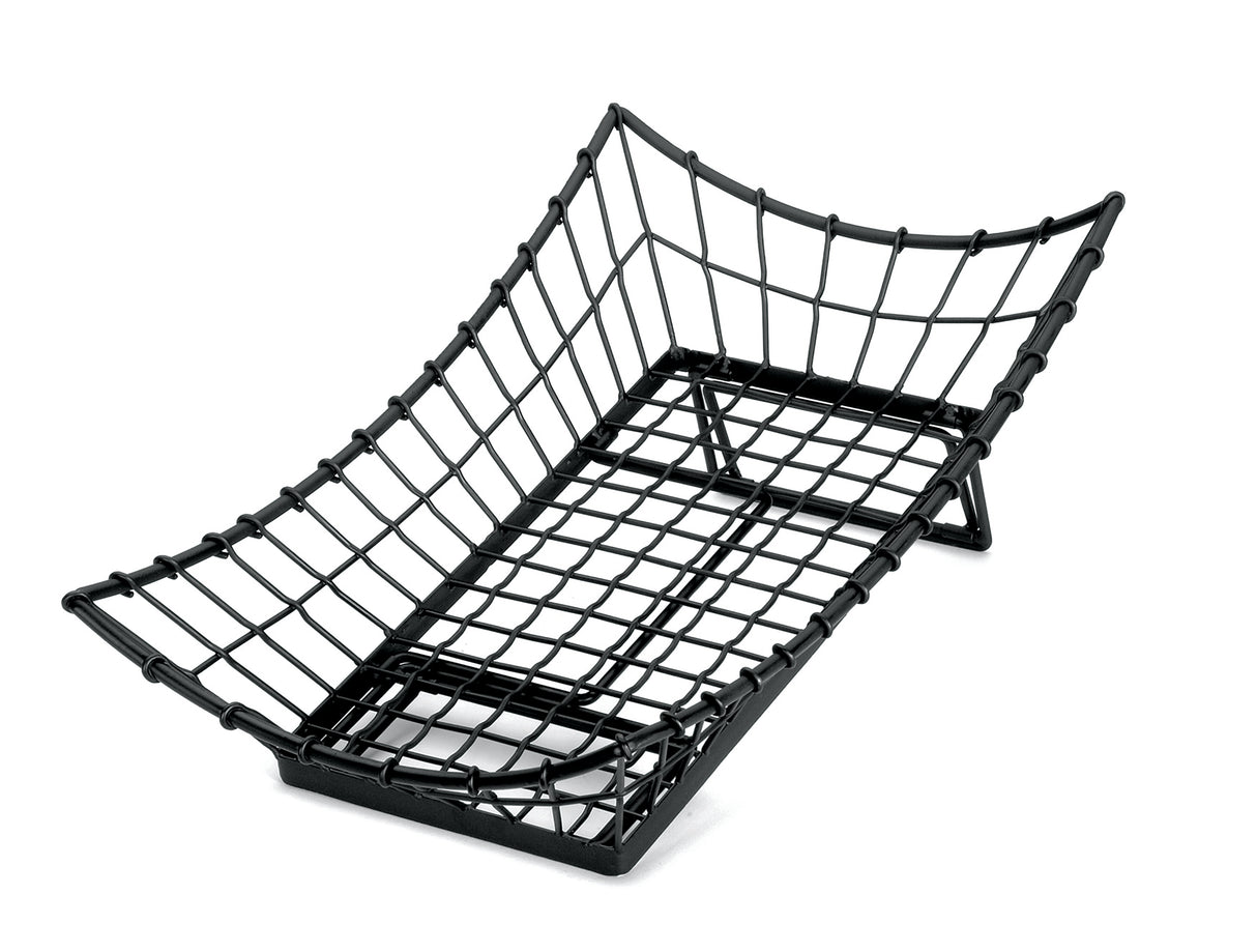 A black powder coated metal wire Transformer Basket with a rectangular base and curved sides, resembling a shallow food pan tray. The open grid design allows visibility through the basket, which is empty and set against a white background.
