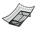A black powder coated metal wire Transformer Basket with a rectangular base and curved sides, resembling a shallow food pan tray. The open grid design allows visibility through the basket, which is empty and set against a white background.