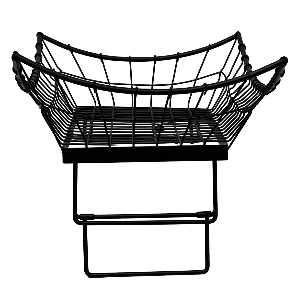A black powder coated Transformer Basket chair with a wide, curved seat and open grid-like design. Featuring rounded armrests and a geometric metal base, its modern style stands out against the plain white background.