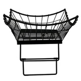 A black powder coated Transformer Basket chair with a wide, curved seat and open grid-like design. Featuring rounded armrests and a geometric metal base, its modern style stands out against the plain white background.