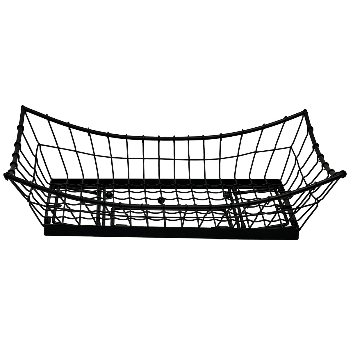 A rectangular black powder coated metal Transformer Basket with an open grid design, slightly curved sides, and raised corners. The basket resembles a food pan and is displayed empty against a plain white background.