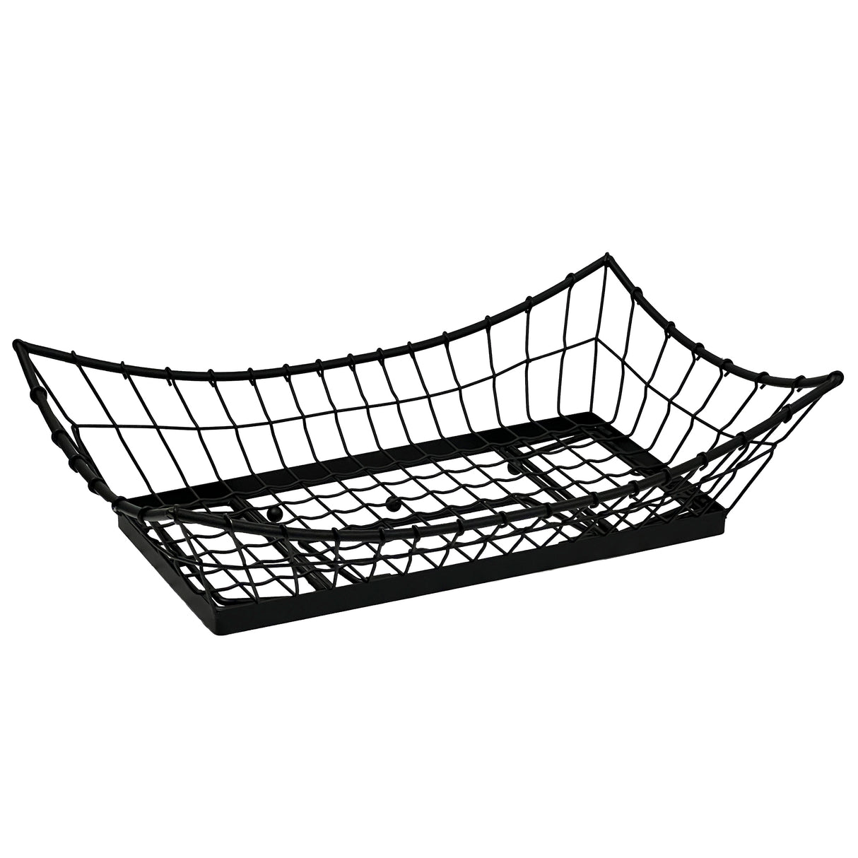 A rectangular, black metal Transformer Basket with curved, upward-sloping sides and an open grid design. The solid base and tray-like structure make it perfect as a stylish food pan for holding or displaying items. The background is plain white.
