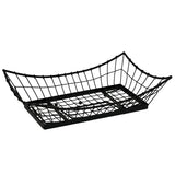 A rectangular, black metal Transformer Basket with curved, upward-sloping sides and an open grid design. The solid base and tray-like structure make it perfect as a stylish food pan for holding or displaying items. The background is plain white.