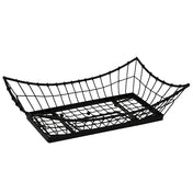 A rectangular, black metal Transformer Basket with curved, upward-sloping sides and an open grid design. The solid base and tray-like structure make it perfect as a stylish food pan for holding or displaying items. The background is plain white.