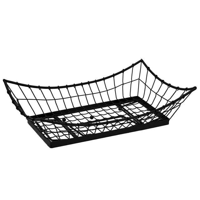 A rectangular, black metal Transformer Basket with curved, upward-sloping sides and an open grid design. The solid base and tray-like structure make it perfect as a stylish food pan for holding or displaying items. The background is plain white.