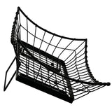 A black wire mesh Transformer Basket desk organizer tray, viewed from an angle, shows its curved basket shape and open grid design; it sits on a flat base with two supporting side bars, all set against a white background.