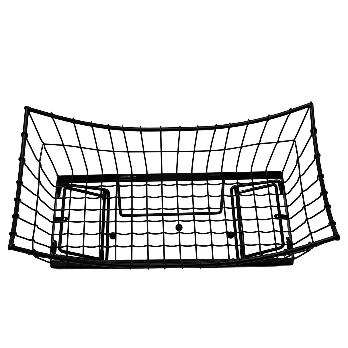 A black powder coated metal wire Transformer Basket with a grid pattern, slightly flared sides, and a flat base. The food pan-style basket is empty and photographed on a white background.