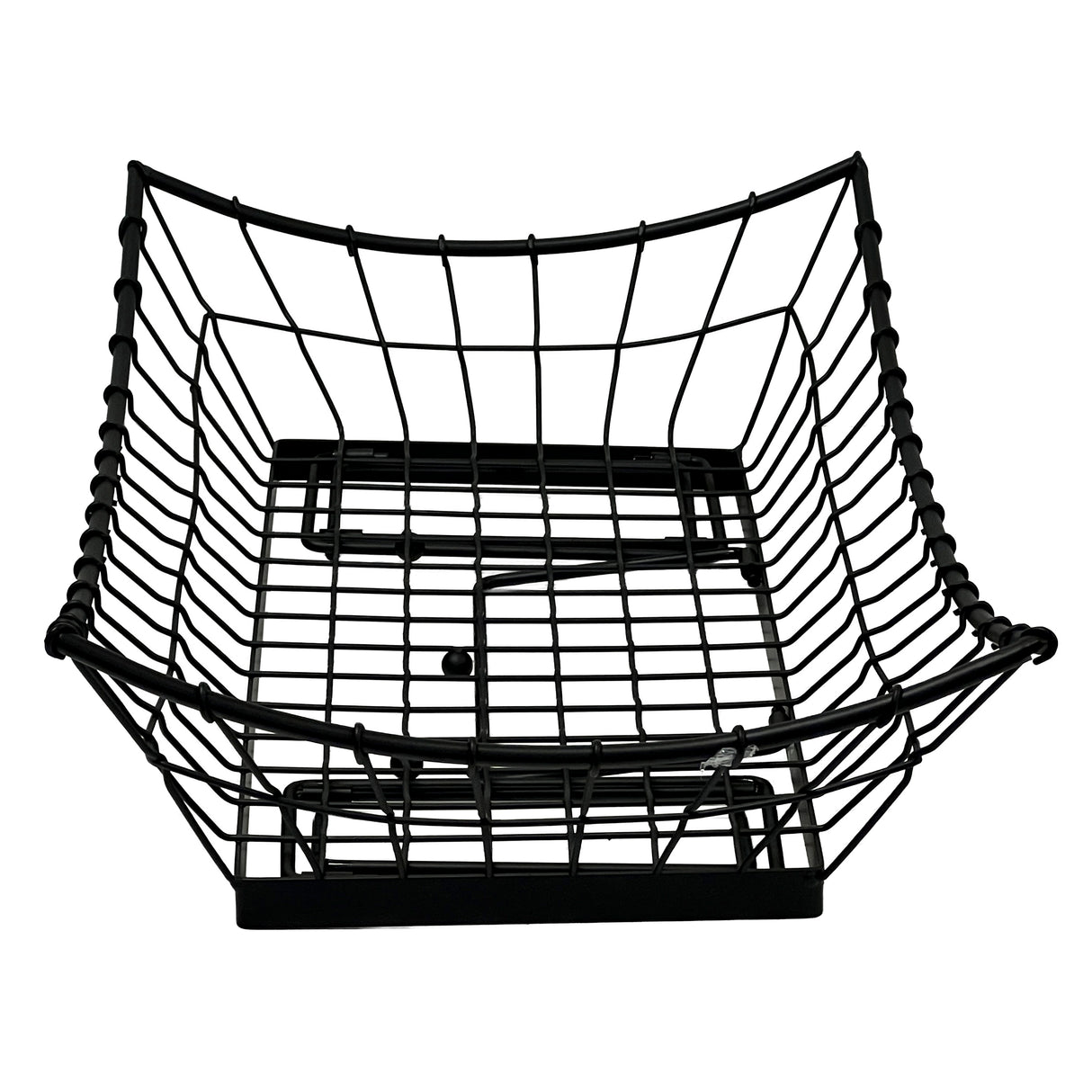 A black powder coated metal wire Transformer Basket with a square base and outwardly curved sides, creating a bowl-like shape. The grid design features wide, open squares, and the basket is photographed against a white background.