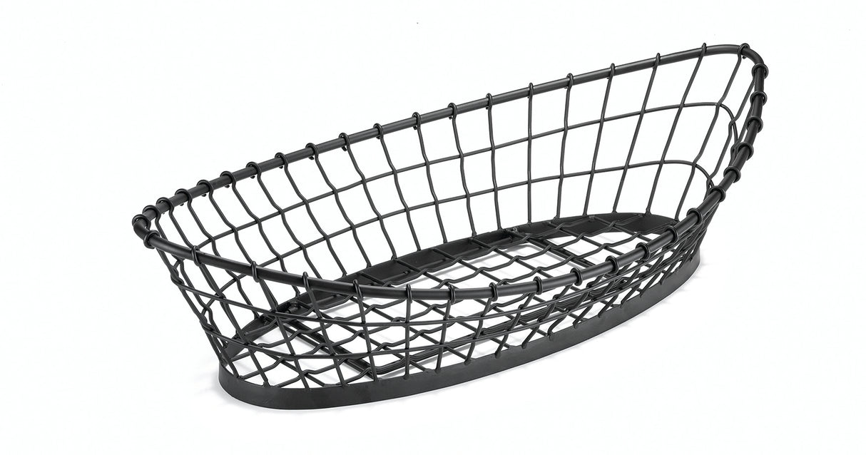 A black, oval-shaped adjustable metal basket with an open grid design, slightly tapering inward at the base. The basket is empty, casting a faint shadow on a white background. Its structure appears sturdy with evenly spaced metal wires.