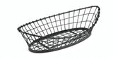 A black, oval-shaped adjustable metal basket with an open grid design, slightly tapering inward at the base. The basket is empty, casting a faint shadow on a white background. Its structure appears sturdy with evenly spaced metal wires.