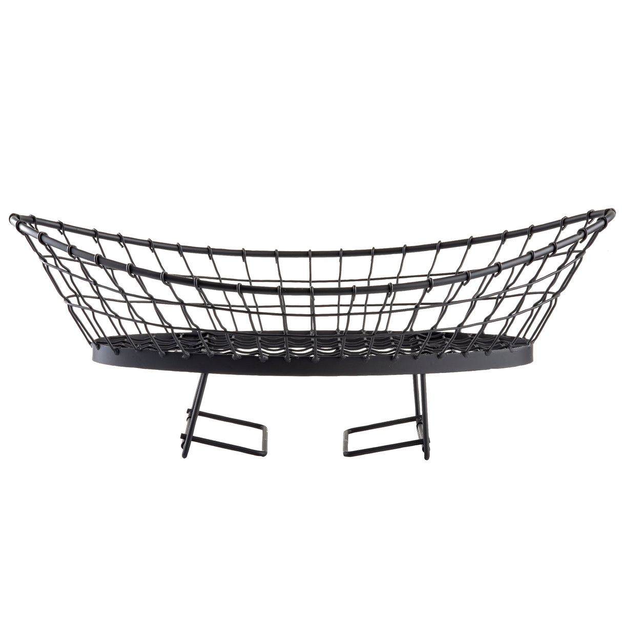 A black, oval-shaped adjustable metal basket with a grid pattern, slightly flared sides, and two rectangular feet supporting it from the base, shown against a white background.