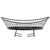 A black, oval-shaped adjustable metal basket with a grid pattern, slightly flared sides, and two rectangular feet supporting it from the base, shown against a white background.