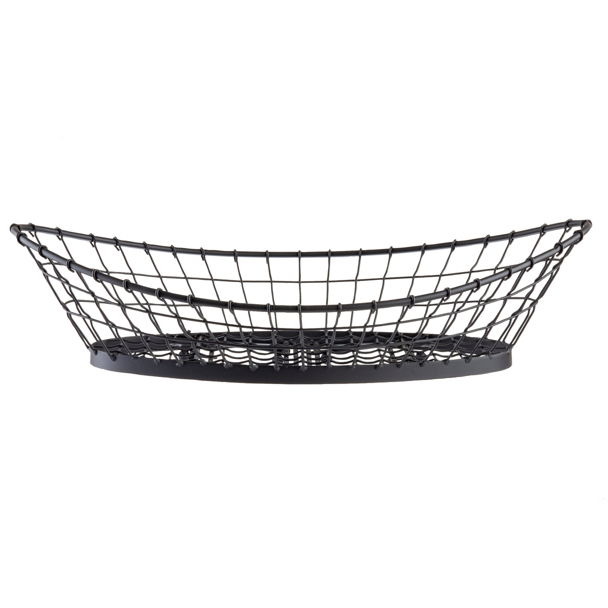 The TableCraft Products Grand Master Transformer Collection Basket is a black metal wire basket with a long oval shape and shallow depth, featuring an adjustable metal basket design and a grid pattern on the sides with a solid metal base.