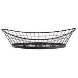The TableCraft Products Grand Master Transformer Collection Basket is a black metal wire basket with a long oval shape and shallow depth, featuring an adjustable metal basket design and a grid pattern on the sides with a solid metal base.