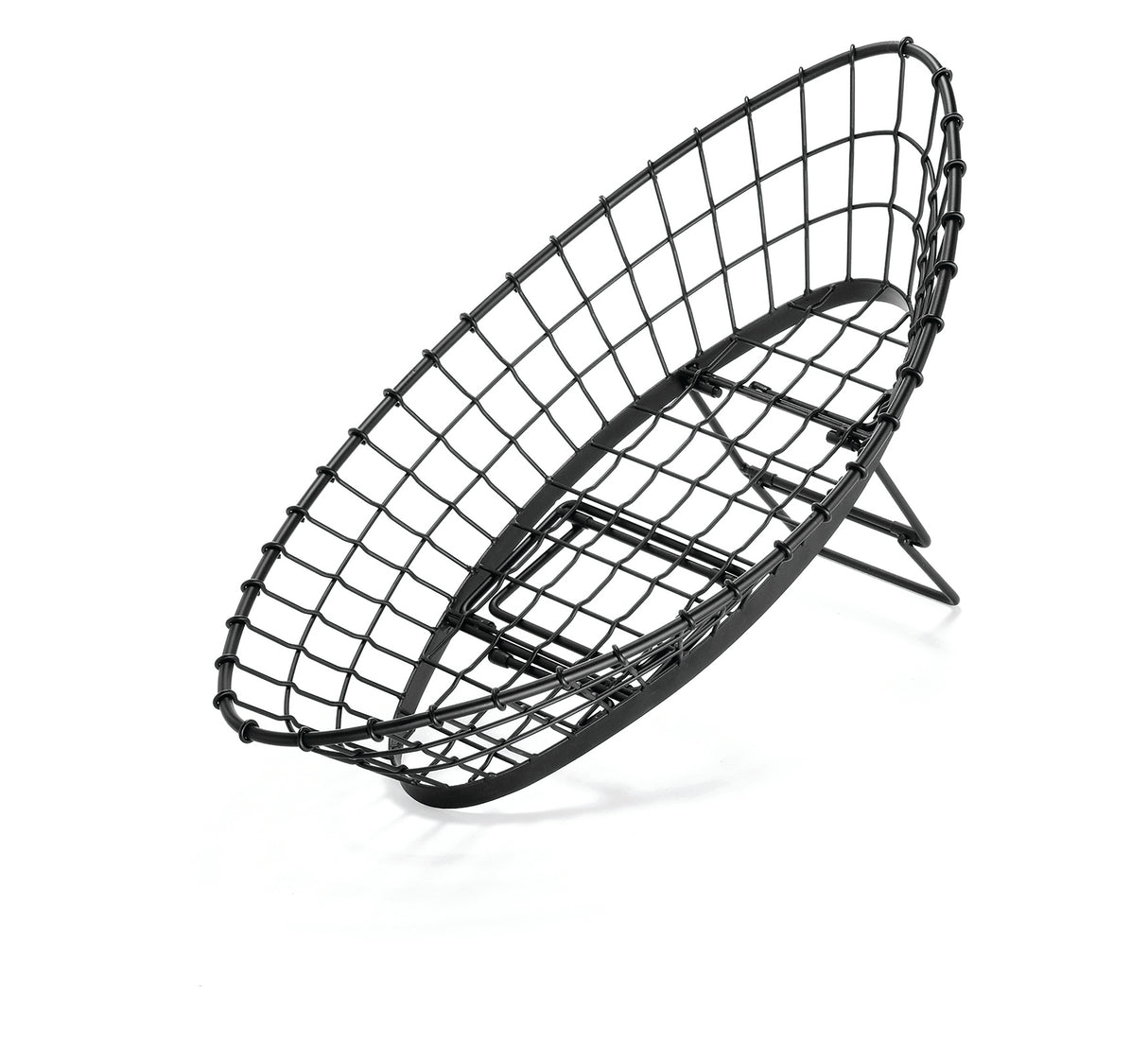 A black food pan basket with a grid design, tilted at an angle on a stand. This adjustable metal basket is oval-shaped and appears empty, with shadows visible underneath on a white background.