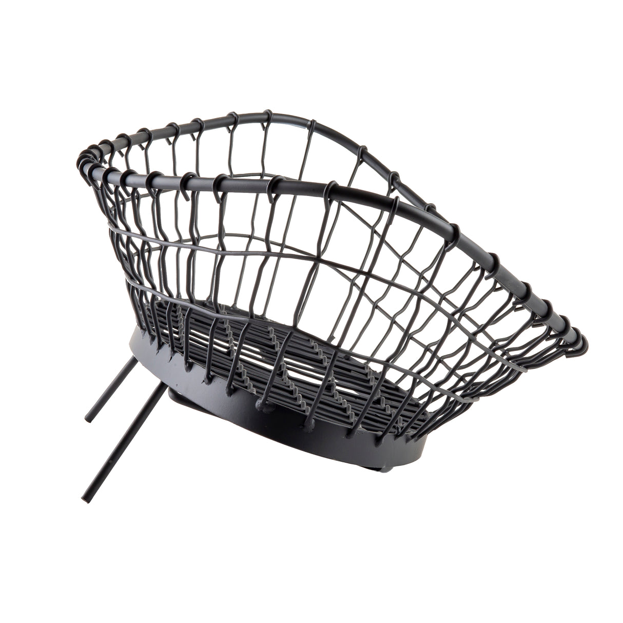 A black adjustable metal basket with an oval shape, open weave design, and two angled support bars underneath; photographed on a white background.
