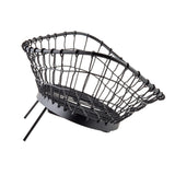 A black adjustable metal basket with an oval shape, open weave design, and two angled support bars underneath; photographed on a white background.