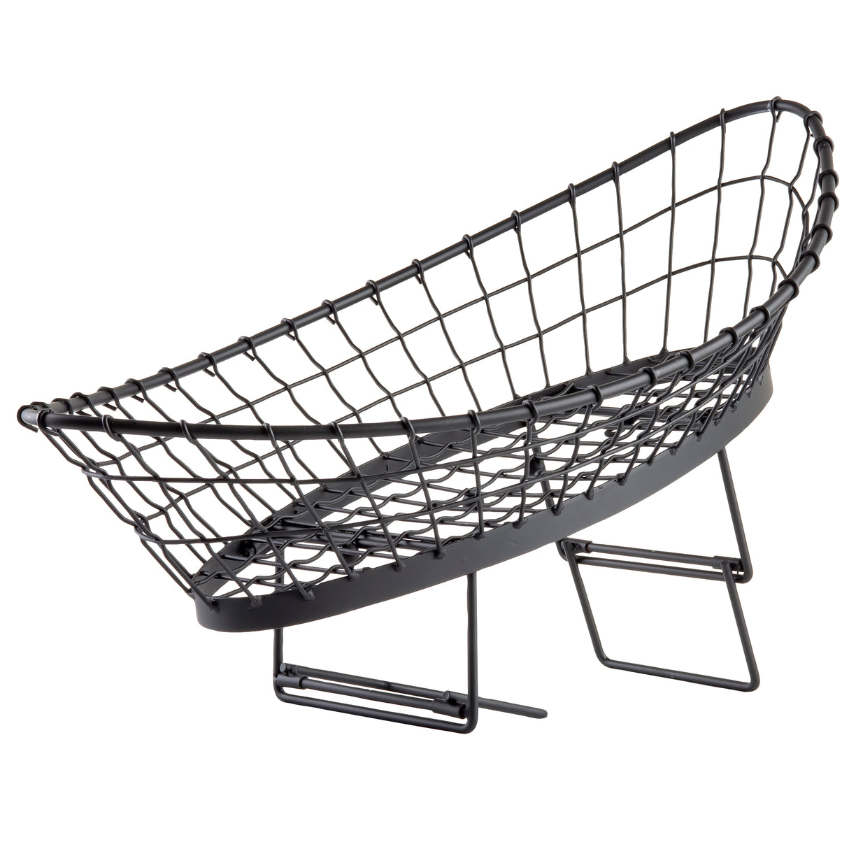 A modern black wire fruit basket shaped like a canoe or boat, featuring an open grid design and resting on two angled wire supports. This minimalist food pan basket allows air circulation around stored fruit.