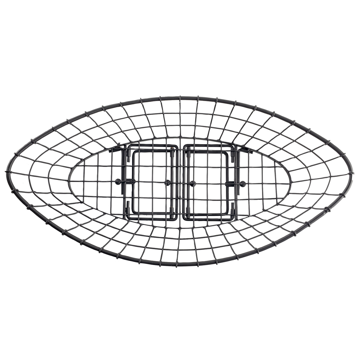 Oval-shaped black adjustable metal basket with an open grid design, viewed from above. The sturdy metal construction features two rectangular sections in the center, enhancing support and maintaining a minimalist, modern look.