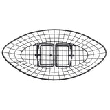 Oval-shaped black adjustable metal basket with an open grid design, viewed from above. The sturdy metal construction features two rectangular sections in the center, enhancing support and maintaining a minimalist, modern look.