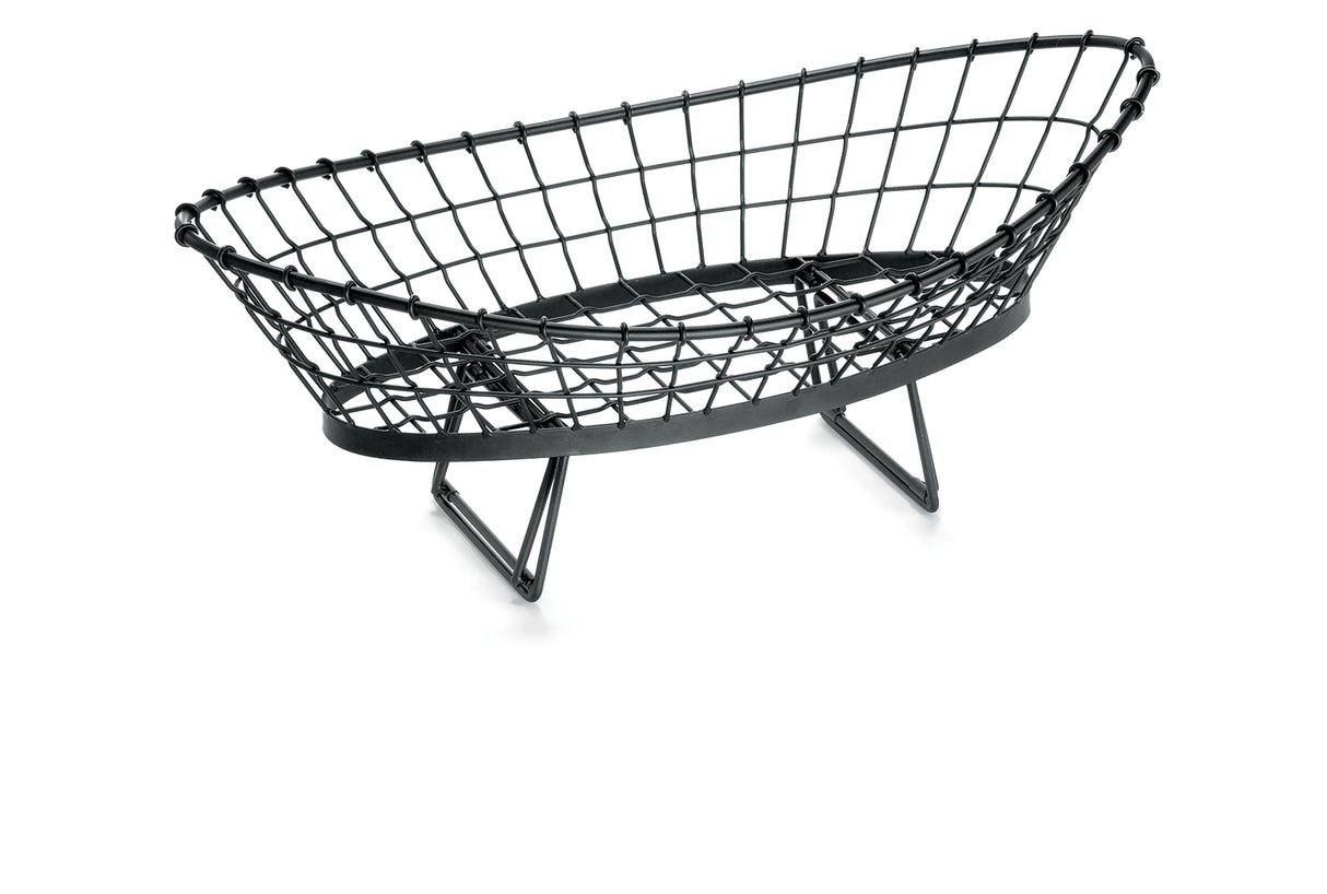 A black, oval-shaped Grand Master Transformer Collection Basket with an open grid design and two angled wire supports for legs, photographed on a white background.