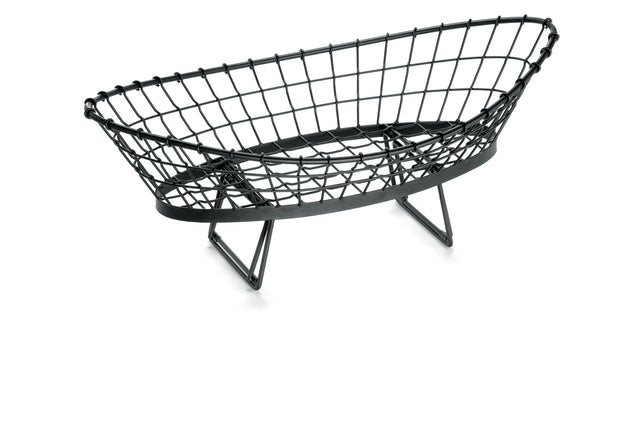 A black, oval-shaped Grand Master Transformer Collection Basket with an open grid design and two angled wire supports for legs, photographed on a white background.