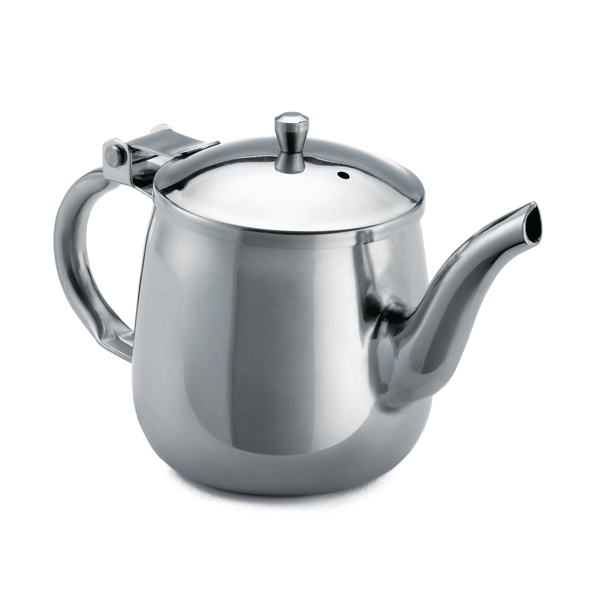 A shiny stainless steel teapot with a rounded body, sturdy handle, and fitted lid topped with a round knob. Featuring a curved spout for precise pouring, this dishwasher safe gooseneck teapot stands out against a plain white background.