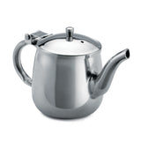 A shiny stainless steel teapot with a rounded body, sturdy handle, and fitted lid topped with a round knob. Featuring a curved spout for precise pouring, this dishwasher safe gooseneck teapot stands out against a plain white background.