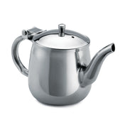 A shiny stainless steel teapot with a rounded body, sturdy handle, and fitted lid topped with a round knob. Featuring a curved spout for precise pouring, this dishwasher safe gooseneck teapot stands out against a plain white background.