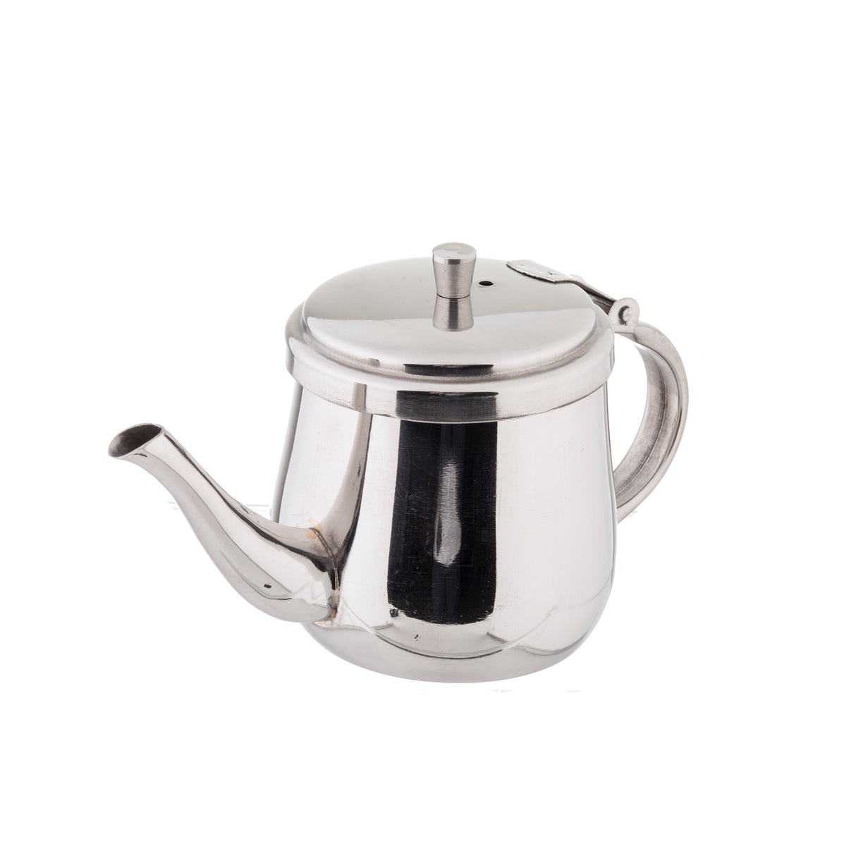 A shiny stainless steel teapot with a hinged lid, curved spout, and rounded handle. Simple in design and photographed against a plain white background, this dishwasher safe teapot combines elegance with easy cleaning.