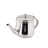 A shiny stainless steel teapot with a hinged lid, curved spout, and rounded handle. Simple in design and photographed against a plain white background, this dishwasher safe teapot combines elegance with easy cleaning.