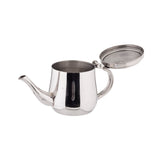 A shiny, stainless steel teapot with a curved gooseneck spout, rounded handle, and an open hinged lid. Its reflective surface stands out against a plain white background, and it is conveniently dishwasher safe.
