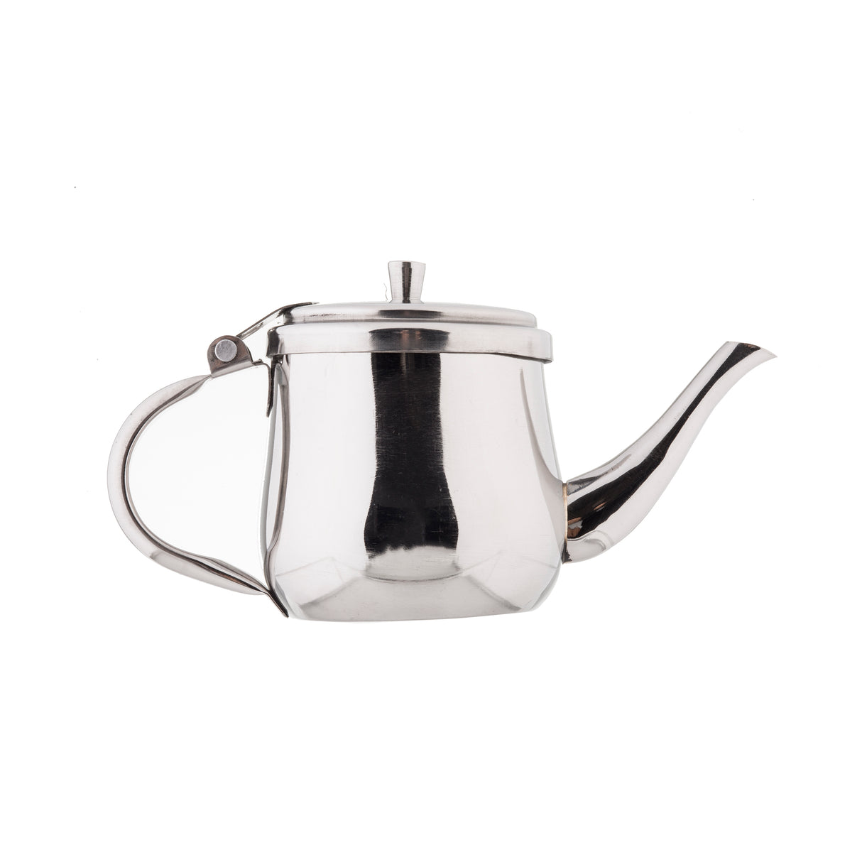 A shiny 10 oz stainless steel Gooseneck Teapot with a round body, curved handle, and long spout. The fitted lid has a small knob on top, and the polished surface shows a slight reflection. The background is plain white.