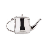 A shiny 10 oz stainless steel Gooseneck Teapot with a round body, curved handle, and long spout. The fitted lid has a small knob on top, and the polished surface shows a slight reflection. The background is plain white.