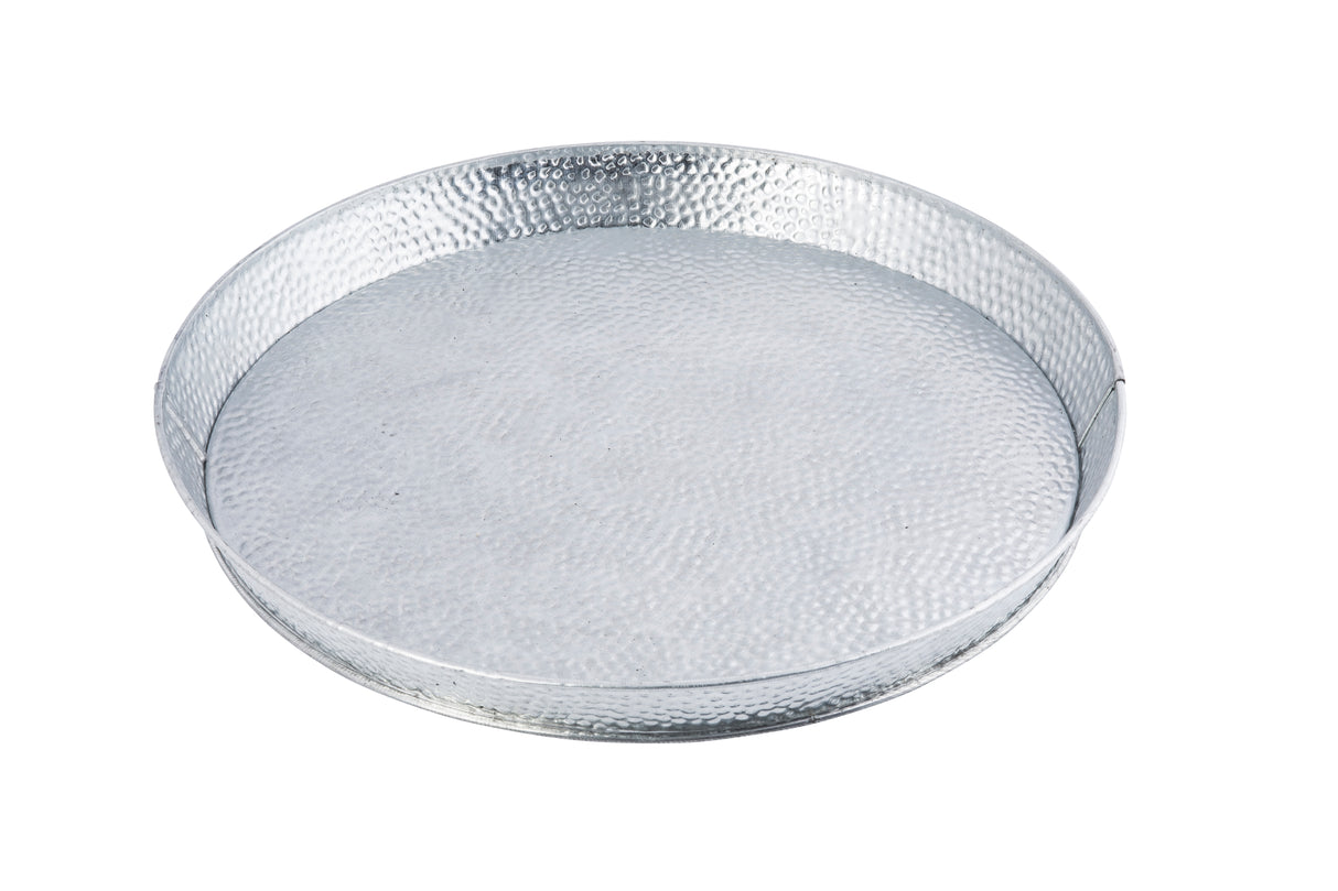 A round, silver galvanized steel platter with a raised rim and a textured, hammered surface, photographed against a white background.