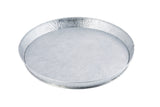 A round, silver galvanized steel platter with a raised rim and a textured, hammered surface, photographed against a white background.