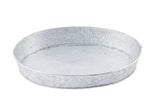 A round, shallow metal tray with a hammered texture and shiny silver finish, similar to the TableCraft GP129. This minimalist oval steel platter features slightly raised sides and is photographed on a white background.