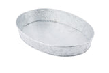 A large, oval-shaped, silver metal tray with a hammered texture, this TableCraft GP129 oval steel platter features slightly raised edges and a shiny, reflective surface. Shown empty against a white background.